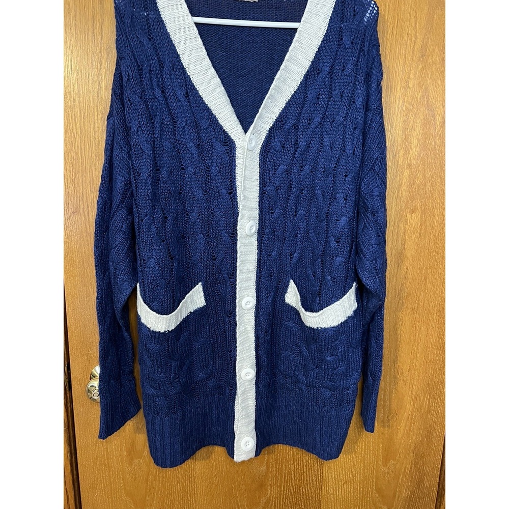 Lu La Roe Women's Cardigan Med Blue And White Oversized Knit